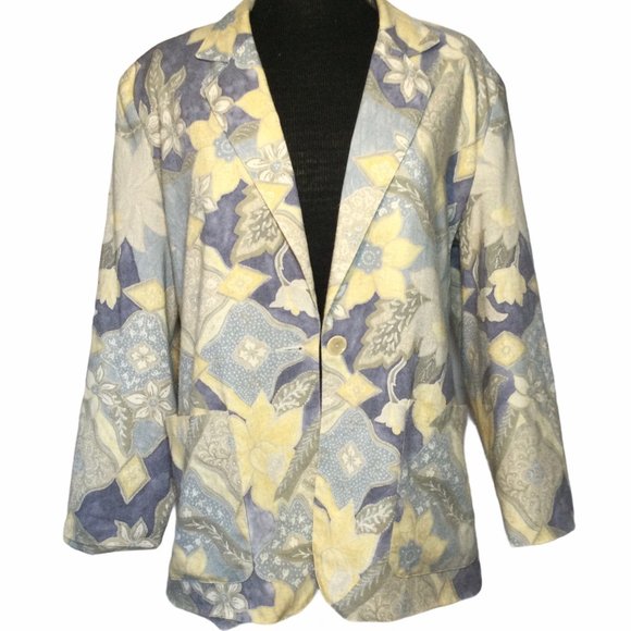 Koret Vintage Blue Yellow Blazer Size 14 Floral - Picture 1 of 9